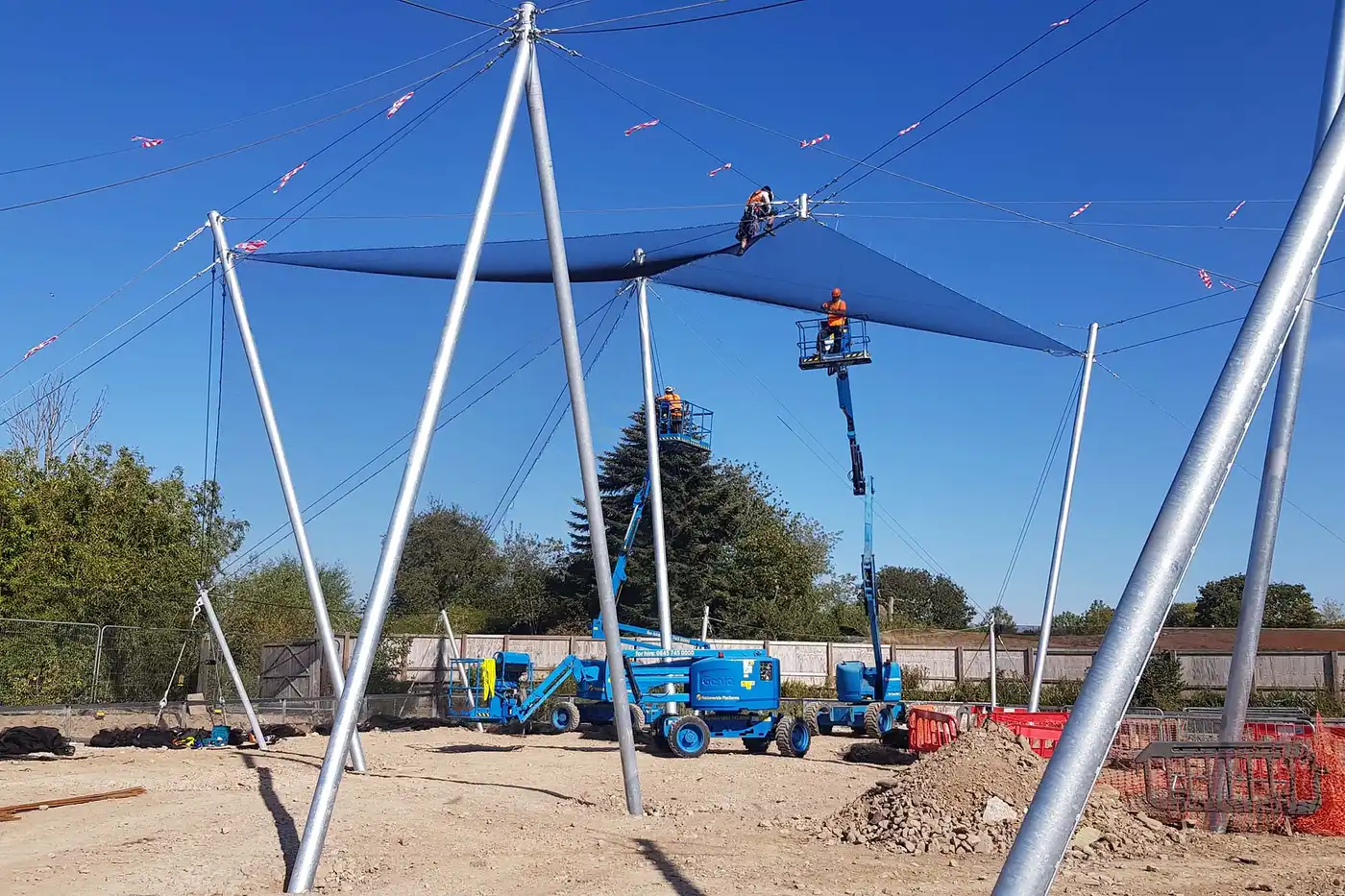 Close-up of tensile structure fabric installation